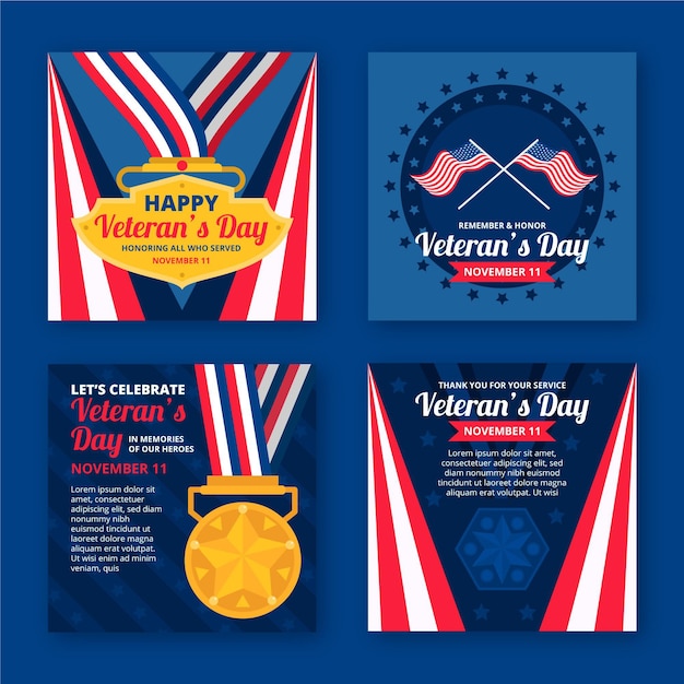 Hand drawn flat veteran's day instagram posts collection