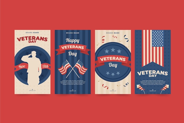 Free vector hand drawn flat veteran's day instagram stories collection