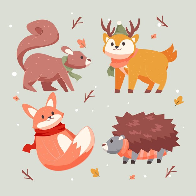 Hand drawn flat winter animals collection