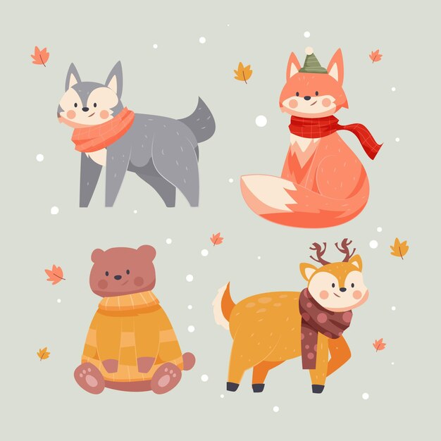 Hand drawn flat winter animals collection