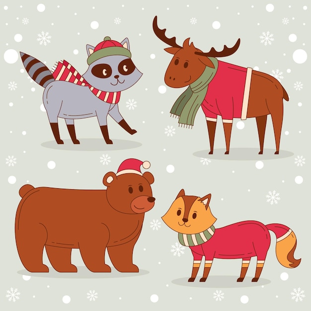 Free Vector hand drawn flat winter animals collection