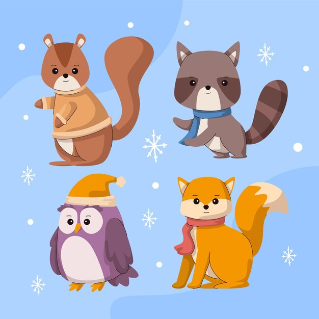 Hand drawn flat winter animals collection