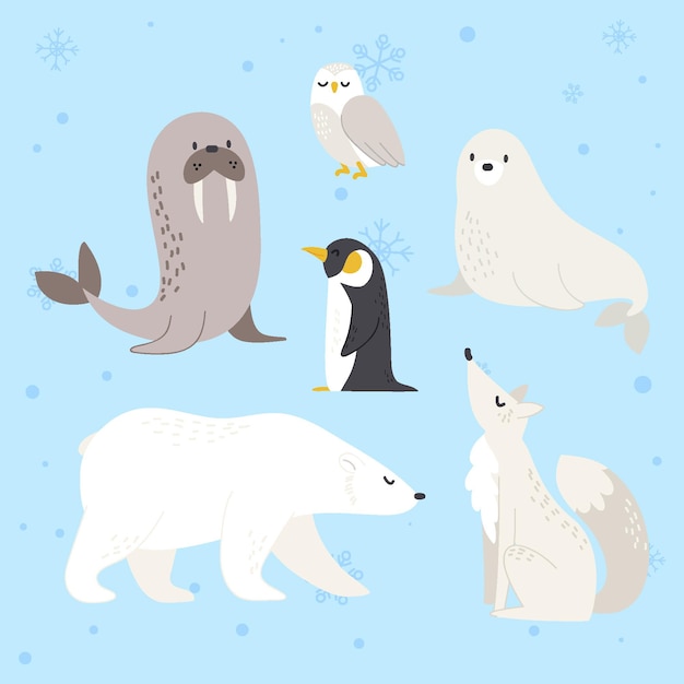 Free Vector hand drawn flat winter animals collection