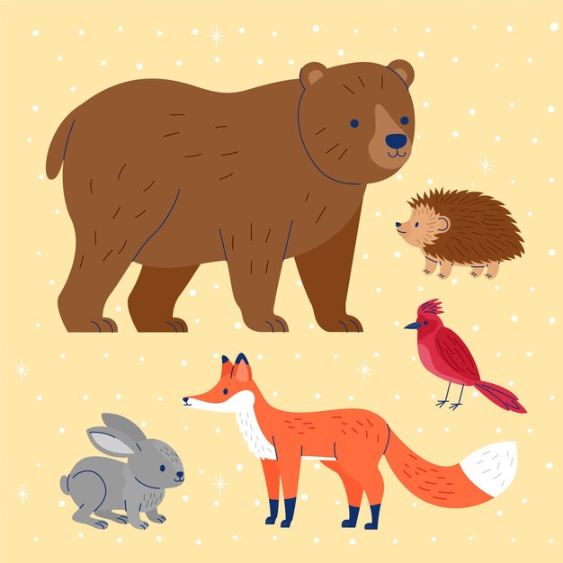 Hand drawn flat winter animals collection