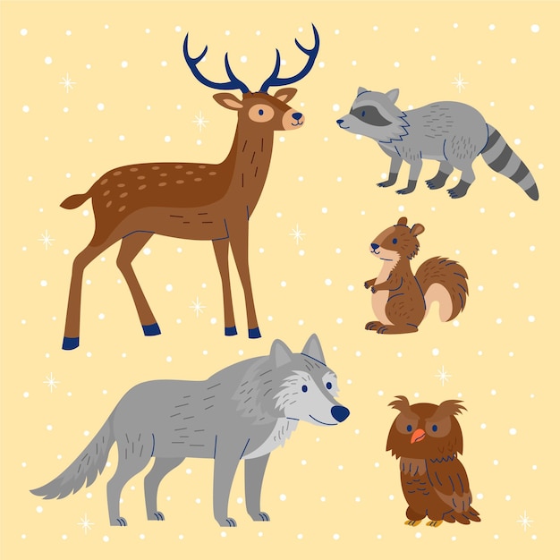 Hand drawn flat winter animals collection