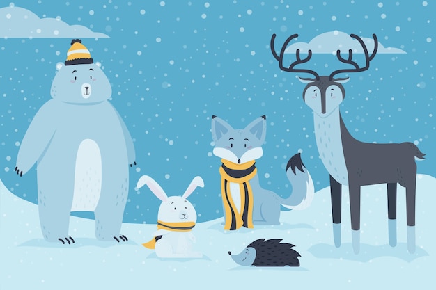 Free vector hand drawn flat winter animals collection