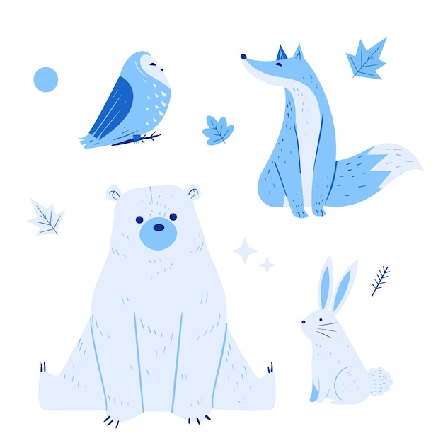 Hand drawn flat winter animals collection