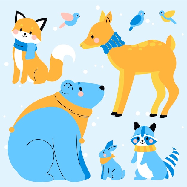 Free Vector hand drawn flat winter animals collection