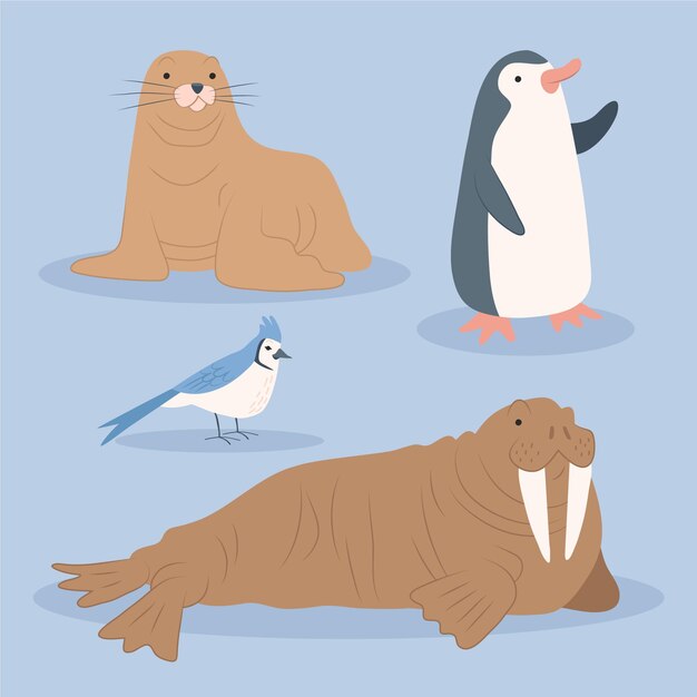 Hand drawn flat winter animals collection