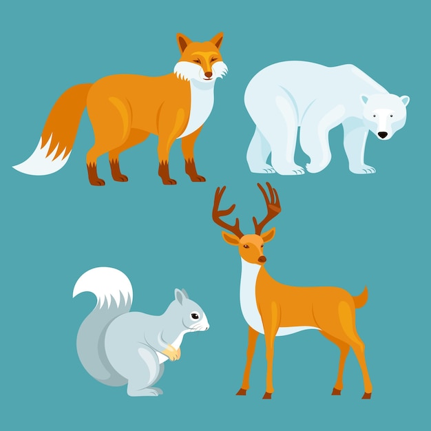 Free Vector hand drawn flat winter animals collection