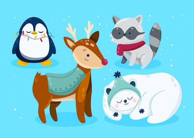 Hand drawn flat winter animals collection