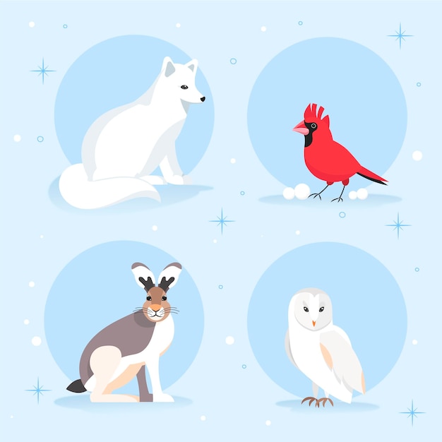 Free Vector hand drawn flat winter animals collection