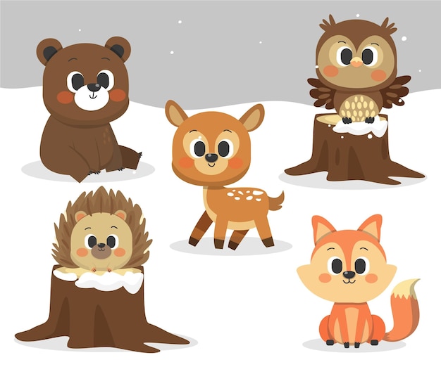 Free Vector hand drawn flat winter animals collection