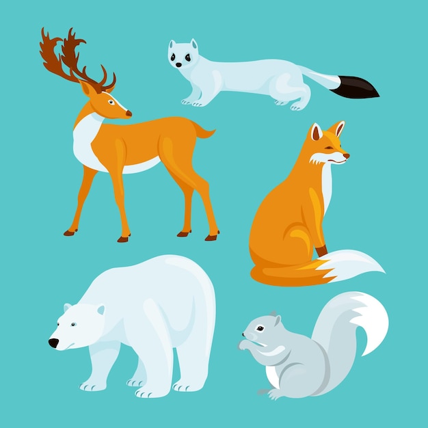 Hand drawn flat winter animals collection