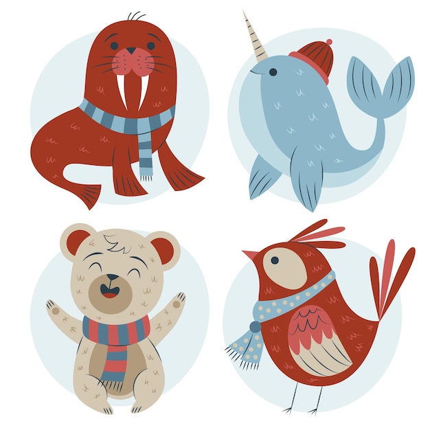 Free vector hand drawn flat winter animals collection