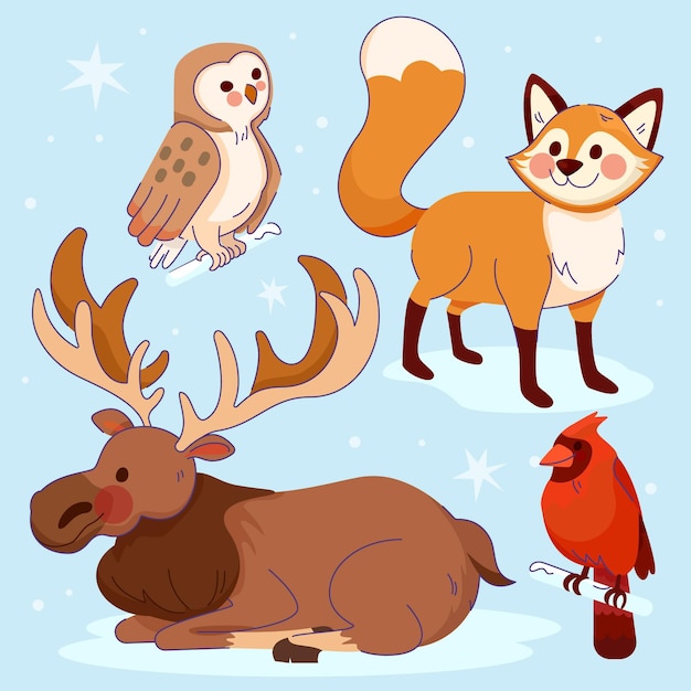 Hand drawn flat winter animals collection