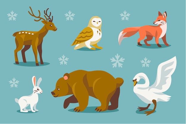 Hand drawn flat winter animals collection