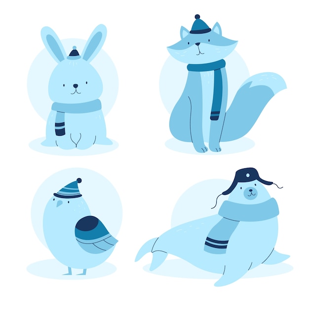 Free Vector hand drawn flat winter animals collection