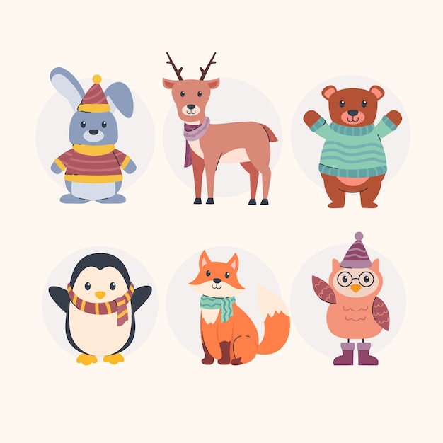 Hand drawn flat winter animals collection