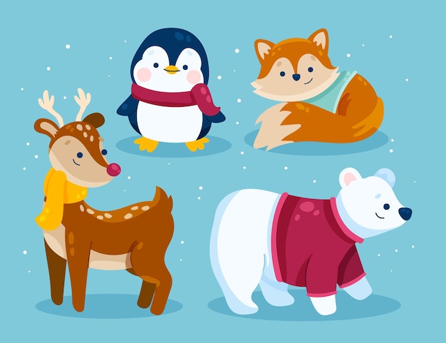 Hand drawn flat winter animals collection