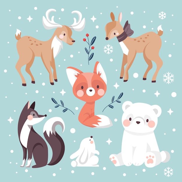 Hand drawn flat winter animals collection