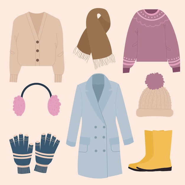 Free vector hand drawn flat winter clothes and essentials collection