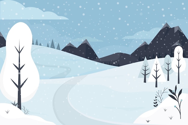 Hand drawn flat winter landscape illustration