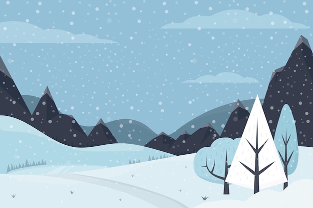 Hand drawn flat winter landscape illustration