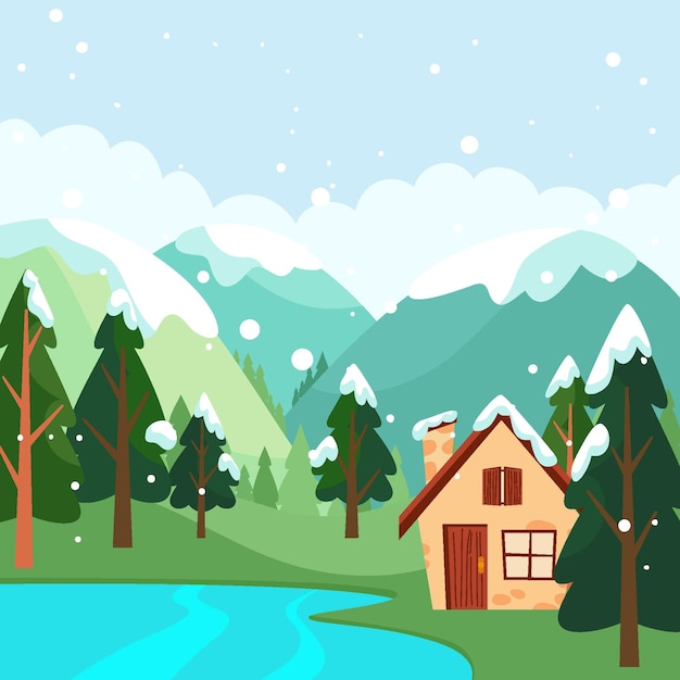 Hand drawn flat winter landscape illustration