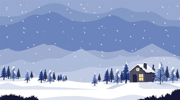 Hand drawn flat winter landscape illustration