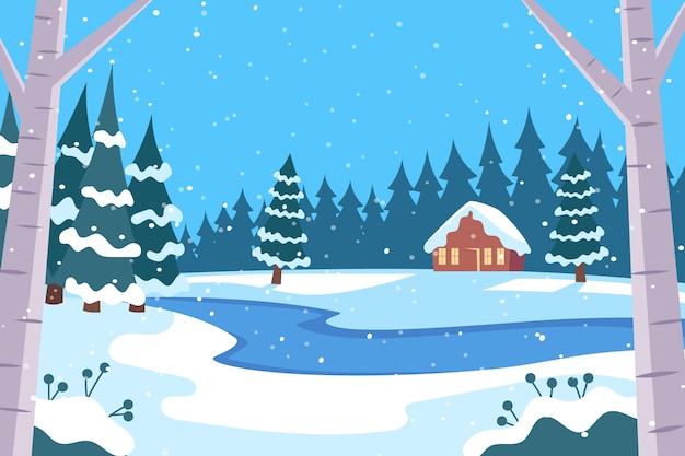 Hand drawn flat winter landscape illustration