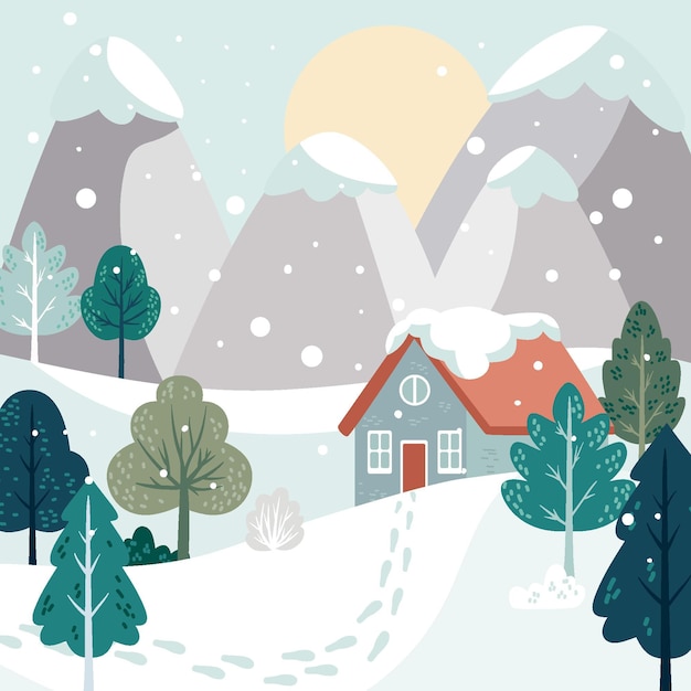 Hand drawn flat winter landscape