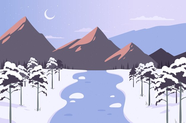 Hand drawn flat winter landscape