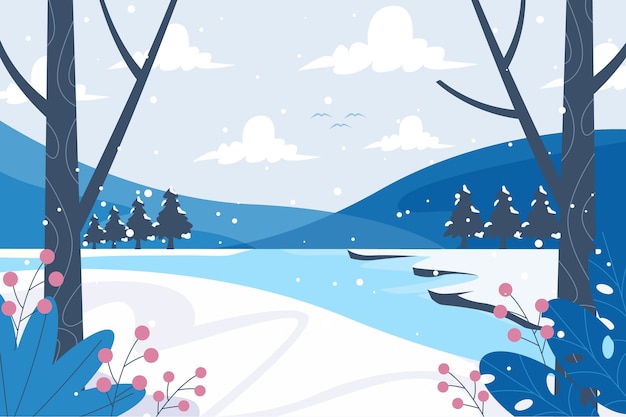 Hand drawn flat winter landscape