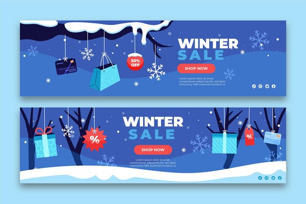 Hand drawn flat winter sale horizontal banners set