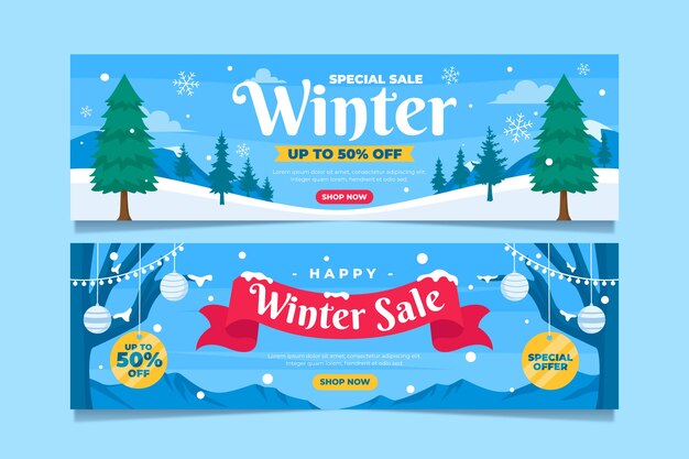 Hand drawn flat winter sale horizontal banners set