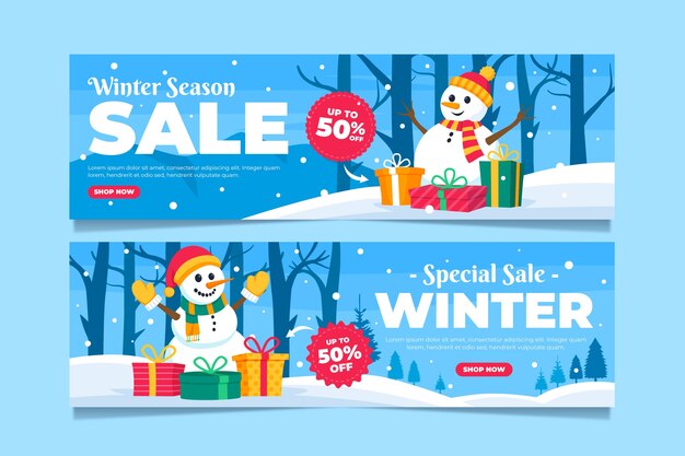 Hand drawn flat winter sale horizontal banners set