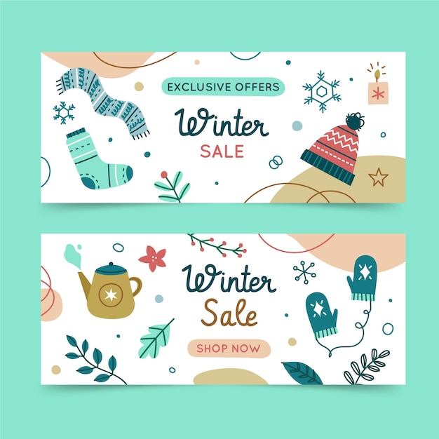 Hand drawn flat winter sale horizontal banners set