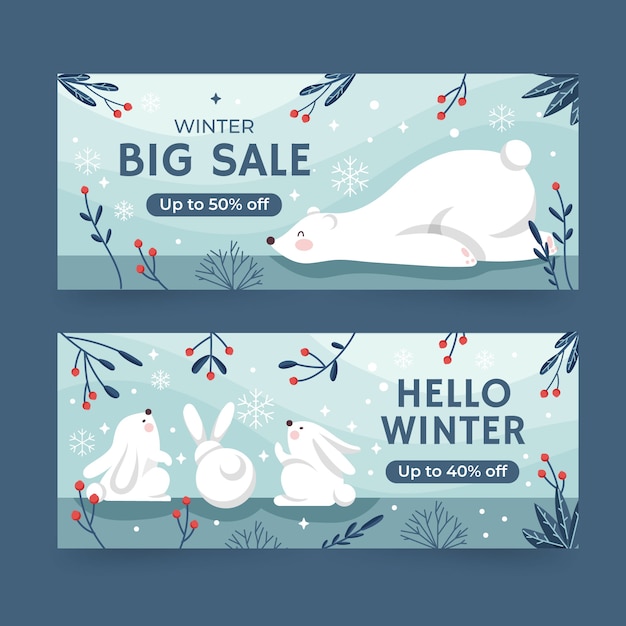 Hand drawn flat winter sale horizontal banners set