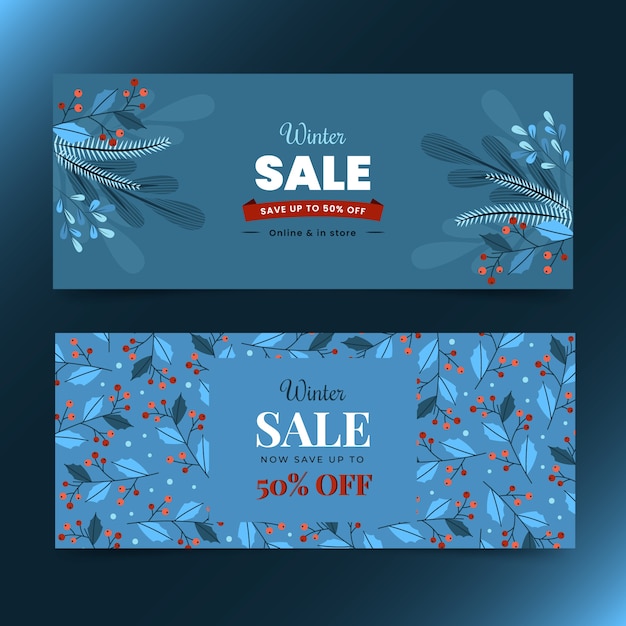 Hand drawn flat winter sale horizontal banners set