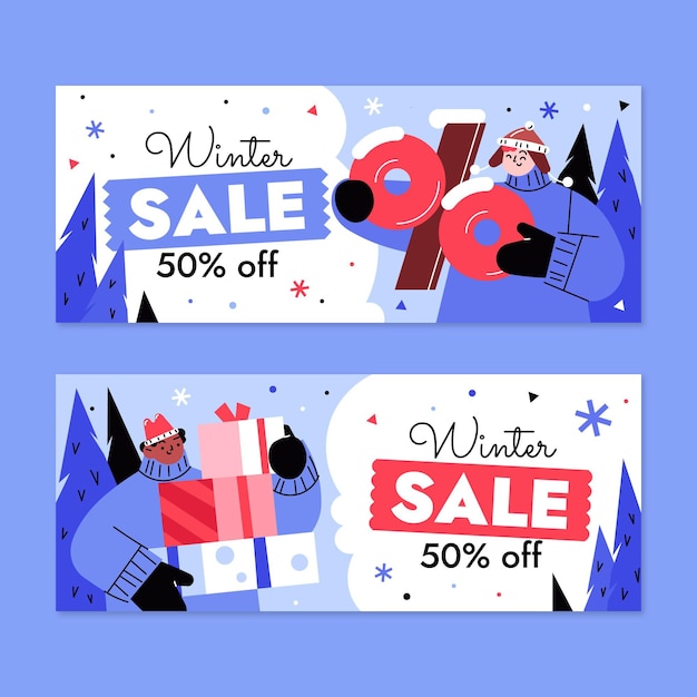 Hand drawn flat winter sale horizontal banners set