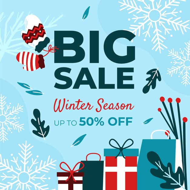 Hand drawn flat winter sale illustration and banner