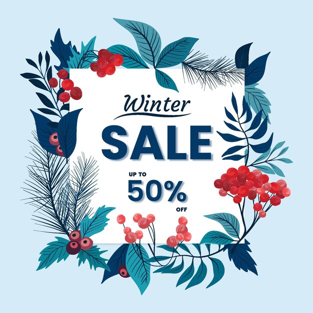 Hand drawn flat winter sale illustration with leaves