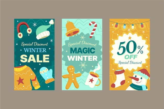 Free vector hand drawn flat winter sale instagram stories collection