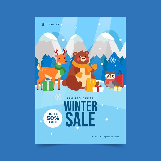 Hand drawn flat winter sale vertical poster template