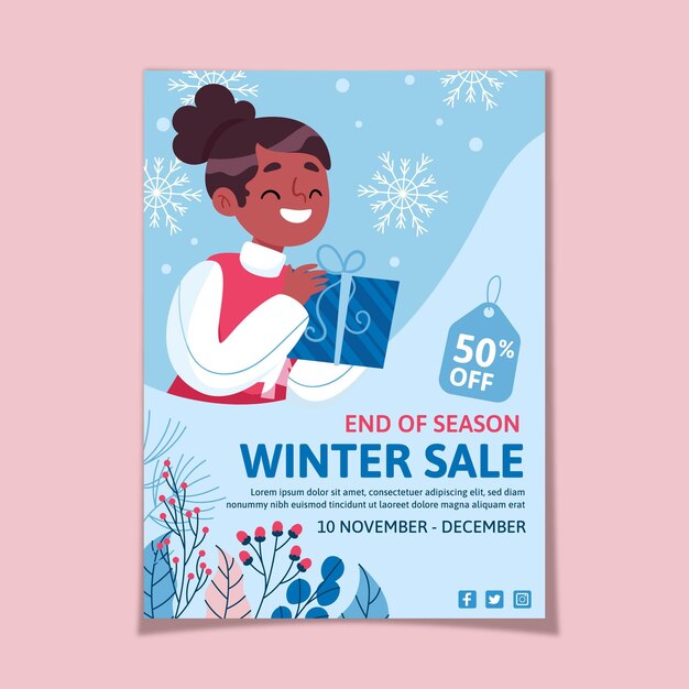 Hand drawn flat winter sale vertical poster template