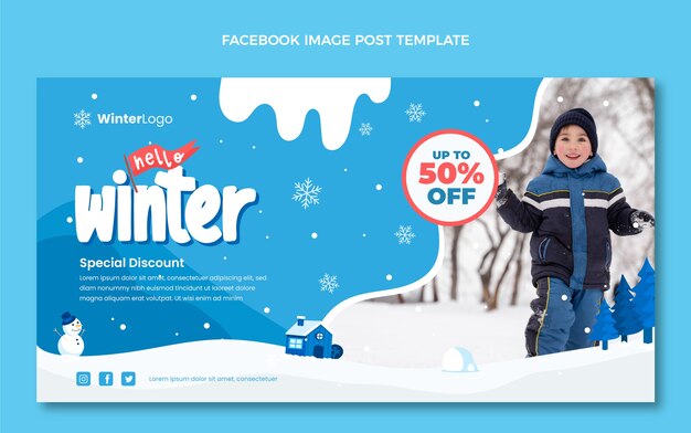 Hand drawn flat winter social media post template