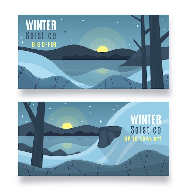 Free Vector hand drawn flat winter solstice horizontal banners set