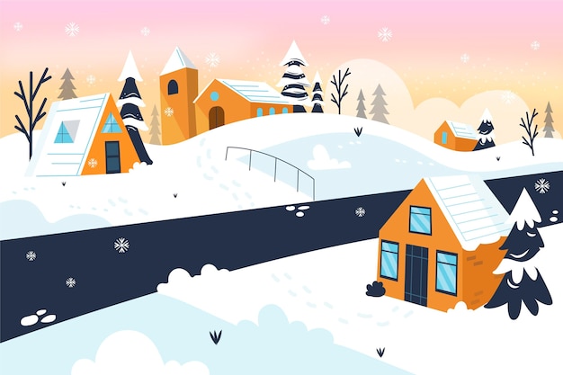 Free Vector hand drawn flat winter village illustration