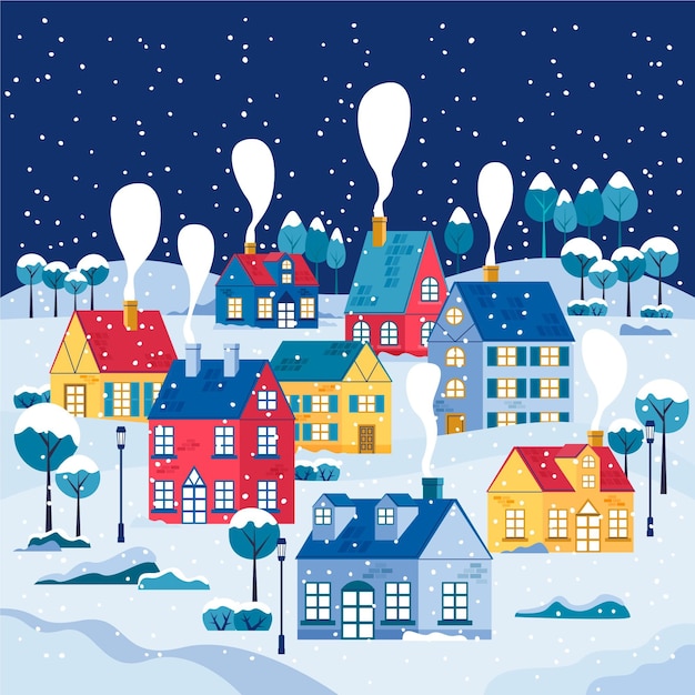 Free Vector hand drawn flat winter village illustration